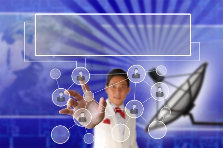 Businessman pushing people Social Network on the Satellite dish transmission data backgroundの写真素材