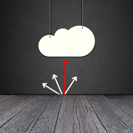 Paper cloud hanging on the rope on Blackboard background with white arrowの写真素材