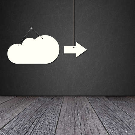 Paper cloud hanging on the rope on Blackboard background with white arrowの写真素材
