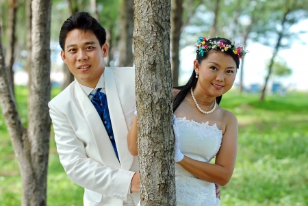 A portrait of the beautiful Couple in wedding dressの写真素材