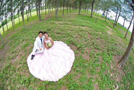 A portrait of the beautiful Couple in wedding dressの写真素材