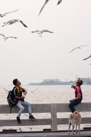 Samut Prakan, Thailand - December 14, 2015: Two young men feeding birds while group of seagull fly over at Bang Pu seaside-has many migratory birds live therefore there become tourist attractionsのeditorial素材