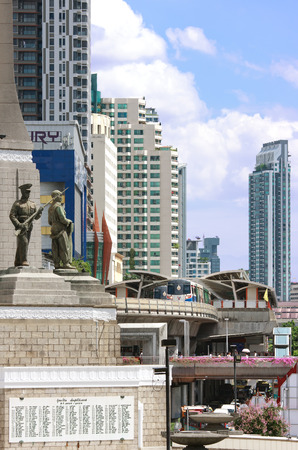 Bangkok, Thailand - June 30, 2015: Skytrain running through skyscrapers at Victory Monument, Skytrain is popular transportation to avoid traffic jam so A government urges to expand the skytrain routesのeditorial素材