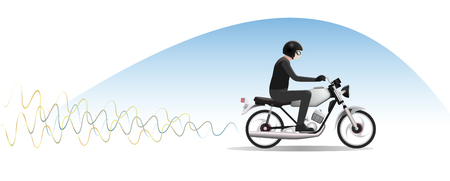 Young man In Helmet rides on old motorcycle, Vectorのイラスト素材