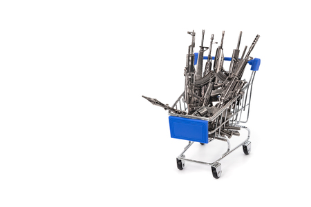 Rifles on a shopping cart isolated on white background with clipping path, (Weapon shopping, Arms trade, Public and School shooting, Concept)の写真素材