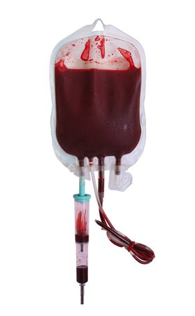 Blood bag during blood transfusion, Blood Bag isolated on white backgroundの写真素材