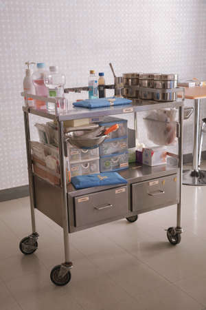 Bangkok, Thailand - September 29, 2018: Medical supply and medical instrument stuff on a trolley in public hospitalのeditorial素材