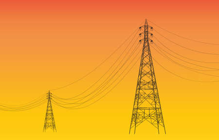 Silhouette of electricity pylons at sunset. Technology background