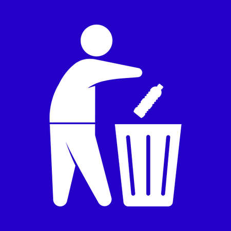 Human figure dropping a used bottle to a trash can symbol. Do not litter place rubbish in the bins provided signのイラスト素材