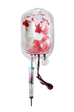 Blood bag after blood transfusion, Empty Blood Bag isolated on white backgroundの写真素材