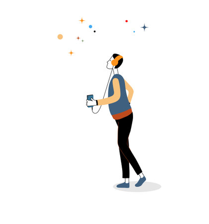 Emotional relaxing man listens to music from smartphone with headphones. music online, technology themeのイラスト素材