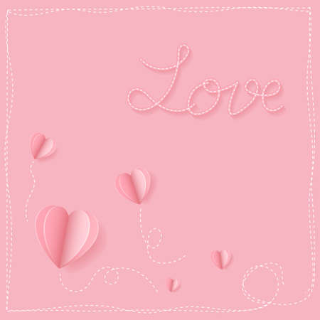 Heart shape paper cutting style elements floating on pink background. Symbol of love for greeting card designのイラスト素材