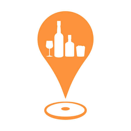 Liquor store map location marker icon for alcoholic drink sellers. Bottles and Glasses of alcohol drinking on a location marker, vectorのイラスト素材