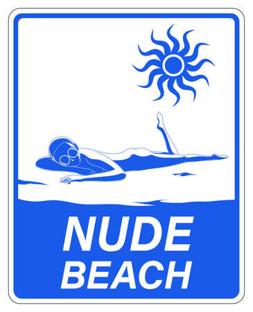 Nude beach sign for Nude beach, Nude sunbathing area, Naked woman sunbathing on the beach, vectorのイラスト素材