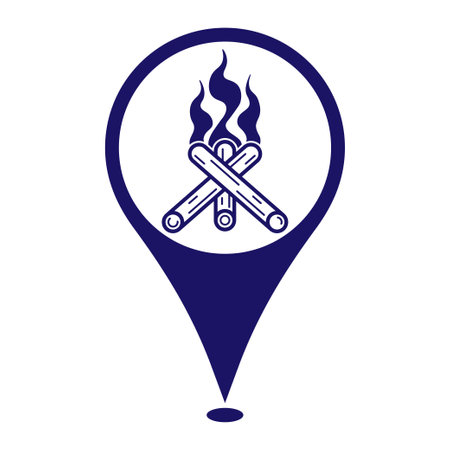 Camping location icon for a Camping area, Bonfire on location map marker icon, vectorのイラスト素材