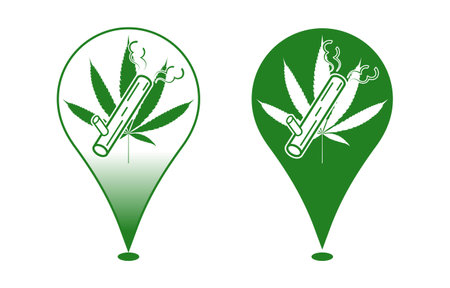 Cannabis smoking location for Cannabis stores, Marijuana sellers, Wooden bong with smoke and Cannabis leaves on location map marker icon, vectorのイラスト素材