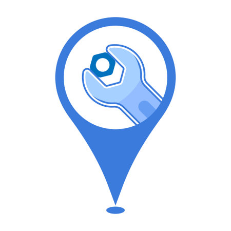 Mechanic shop map location marker for Garage, Service and Maintenance businesses. Wrench and hex nut on a location marker, vectorのイラスト素材