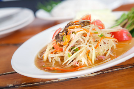 Famous Thai food, papaya salad or what we called "Somtum" in Thai.の写真素材