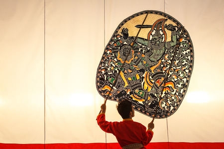 RATCHABURI, THAILAND - February 18 : Nang yai Thai traditional shadow puppet at Wat Khanon Temple February 18, 2012 in Ratchaburi, Thailand. Thai Art.のeditorial素材