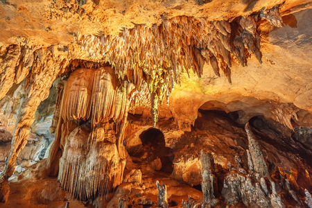 Stalactite rock formations in Lawa Cave. Kanchanaburi province, Thailand.の写真素材