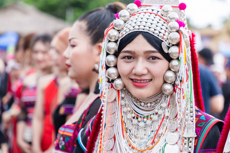 Doi Mae Salong, Chiang Rai - THAILAND, September 8, 2018 : Beautiful young asian lady Akha tribe on...