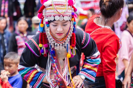 Doi Mae Salong, Chiang Rai - THAILAND, September 8, 2018 : Beautiful young asian lady Akha tribe on Akha Swing Festival. The annual Akha Swing Festival is pretty much about women and fertility.のeditorial素材