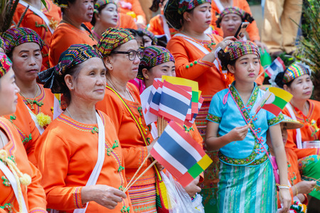 Thoet Thai, Chiang Rai - THAILAND, December 12, 2018 : Group of Shan or Tai Yai (ethnic group living in parts of Myanmar and Thailand) in tribal dress do native dancing in Shan New Year celebrations.のeditorial素材