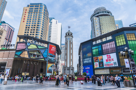 Chongqing, CHINA - May 10, 2019 : This is Jiefangbei Pedestrian Street a famous shopping area and travel destination in the downtown area in Chongqing, Chinaのeditorial素材