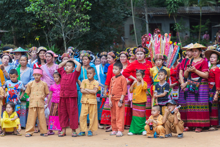 Thoet Thai, Chiang Rai - THAILAND, December 12, 2018 : Group of Shan or Tai Yai (ethnic group living in parts of Myanmar and Thailand) in tribal dress do native dancing in Shan New Year celebrations.のeditorial素材