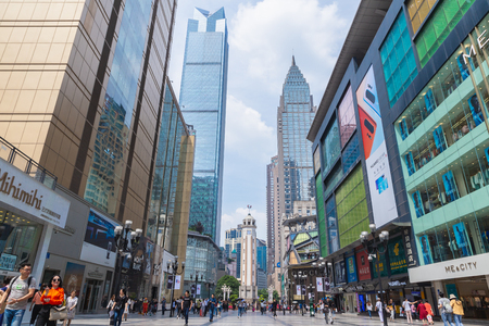 Chongqing, CHINA - May 10, 2019 : This is Jiefangbei Pedestrian Street a famous shopping area and travel destination in the downtown area in Chongqing, Chinaのeditorial素材
