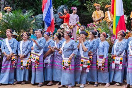 Thoet Thai, Chiang Rai - THAILAND, December 12, 2018 : Group of Shan or Tai Yai (ethnic group living in parts of Myanmar and Thailand) in tribal dress do native dancing in Shan New Year celebrations.のeditorial素材