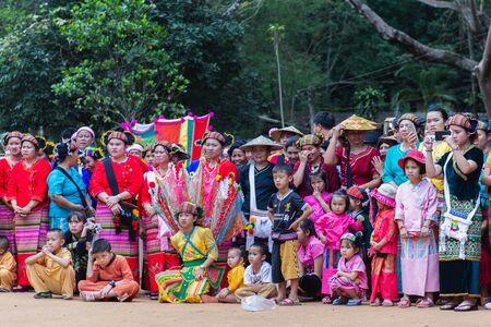 Thoet Thai, Chiang Rai - THAILAND, December 12, 2018 : Group of Shan or Tai Yai (ethnic group living in parts of Myanmar and Thailand) in tribal dress do native dancing in Shan New Year celebrations.のeditorial素材
