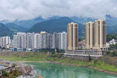 City view of Wulong Chongqing high rise buildings, modern residential, shopping center. Wulong Chongqing, China.のeditorial素材