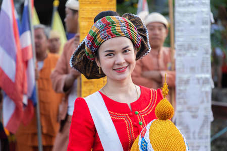 Thoet Thai, Chiang Rai - THAILAND, November 27, 2019 : Group of Shan or Tai Yai (ethnic group living in parts of Myanmar and Thailand) in tribal dress do native dancing in Shan New Year celebrations.のeditorial素材