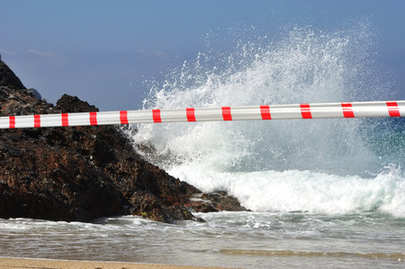 The boundary sign  Striped ribbon  Denied entry into the waterの写真素材
