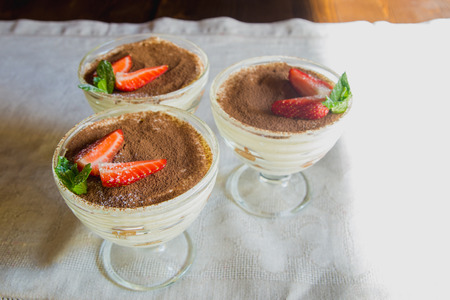tiramisu with strawberries in a glass vaseの写真素材