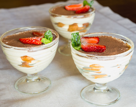 tiramisu with strawberries in a glass vaseの写真素材