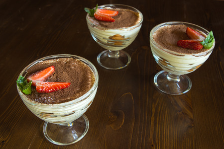 tiramisu with strawberries in a glass vaseの写真素材