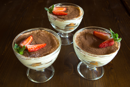 tiramisu with strawberries in a glass vaseの写真素材