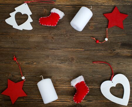 Christmas decorations on a dark wooden backgroundの写真素材