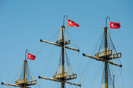Turkish flags on the masts of  shipの写真素材