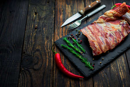 Cooked ribs with meat at shallow depth of fieldの写真素材
