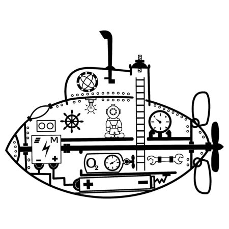 Vector cartoon drawing of a submarine inside with elements and a diver on a white background for your creativityのイラスト素材