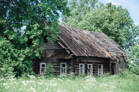 Old crumbling abandoned house among the treesの写真素材