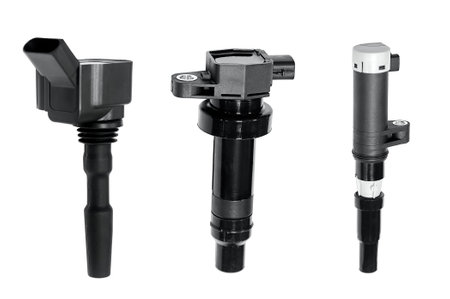 New car ignition coil spare part for starting car engine isolated on white background