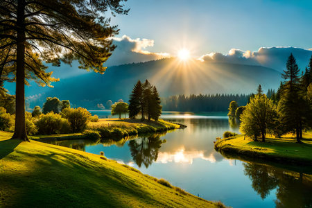 Sunset on the lake in the mountains. Beautiful summer landscape.