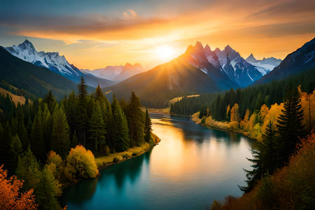 Mountain lake in the mountains at sunset. Beautiful natural landscape.の素材