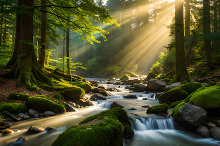 Mountain stream in the forest at sunrise with sun rays and green mossの素材