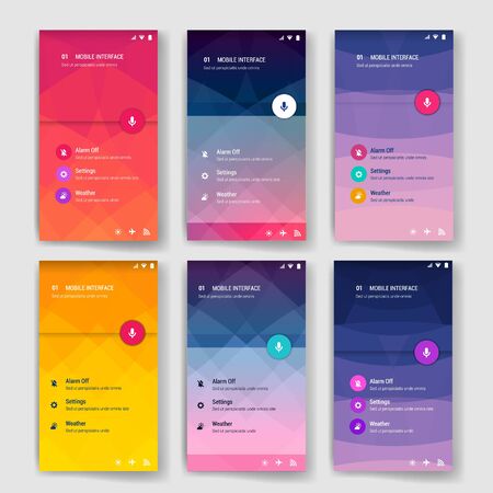 Modern flat user interface screen template for mobile smart phone or web site. Transparent blurred material design ui with icons.のイラスト素材