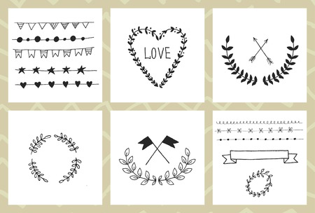 Swirls, laurels, frames, leaves, banners and curls. Laurels. Wedding templates set with floral ornate elementsのイラスト素材